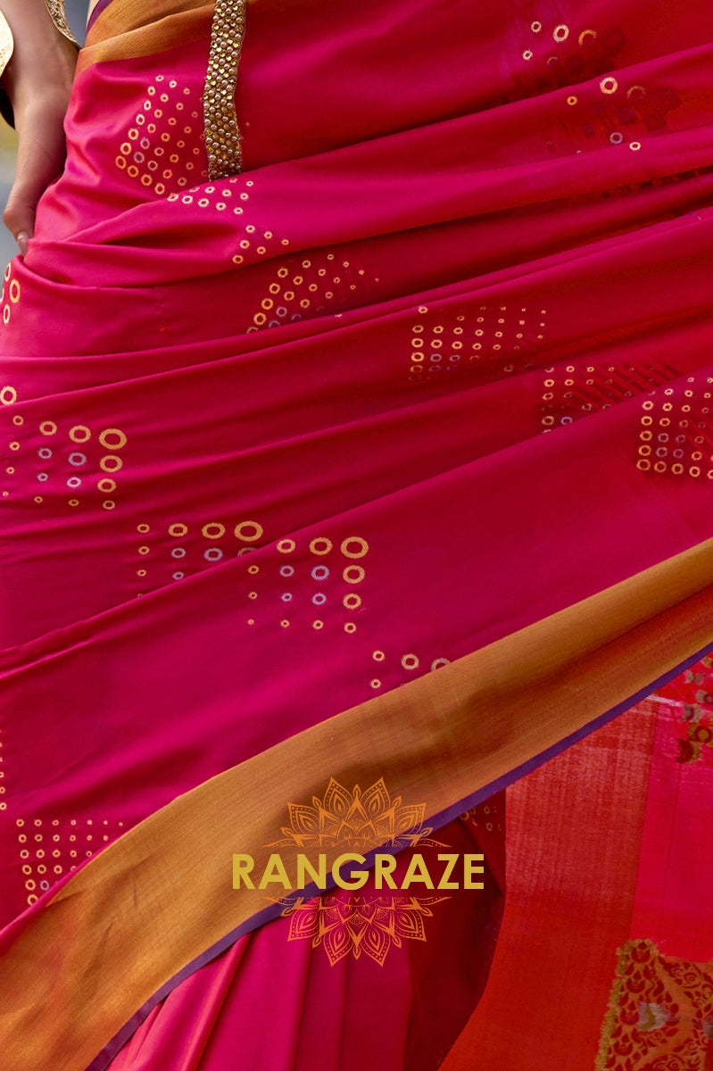 Vibrant Rani Pink Woven Banarasi Handloom Silk Saree