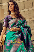 Emerald Green Woven Satin Brasoo Banarasi Silk Saree