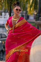 Vibrant Rani Pink Woven Banarasi Handloom Silk Saree