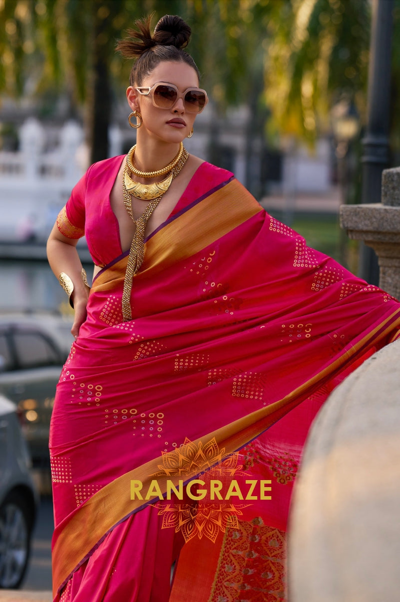 Vibrant Rani Pink Woven Banarasi Handloom Silk Saree
