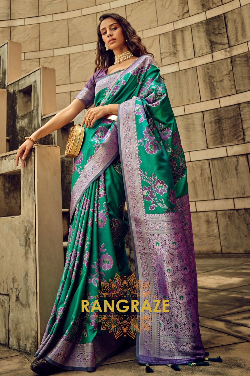 Emerald Green Woven Satin Brasoo Banarasi Silk Saree