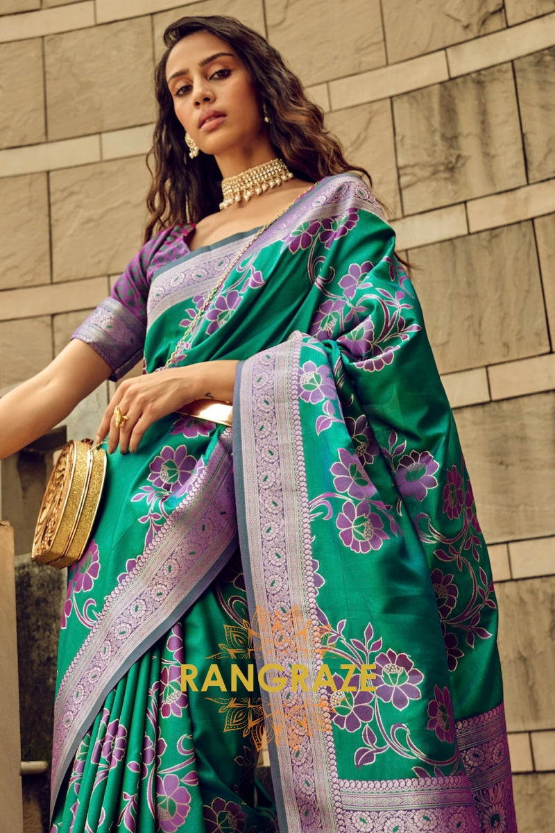 Emerald Green Woven Satin Brasoo Banarasi Silk Saree