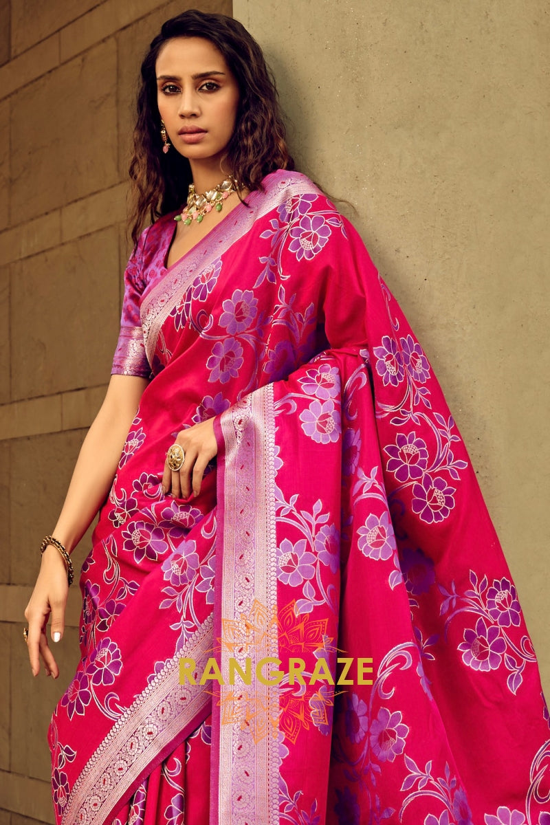 Rose Pink Woven Satin Brasoo Banarasi Silk Saree