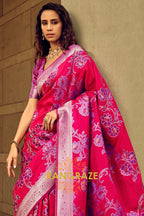 Rose Pink Woven Satin Brasoo Banarasi Silk Saree
