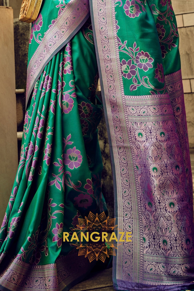 Emerald Green Woven Satin Brasoo Banarasi Silk Saree