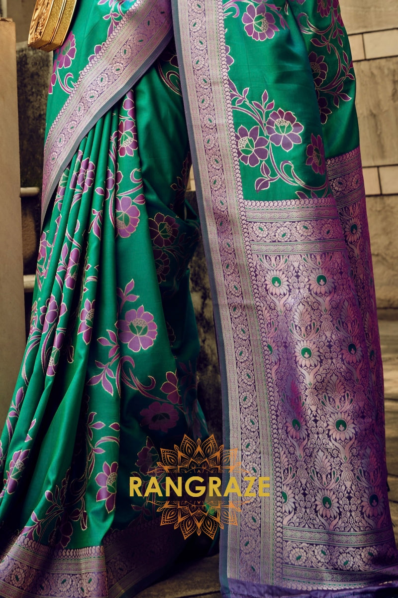 Emerald Green Woven Satin Brasoo Banarasi Silk Saree