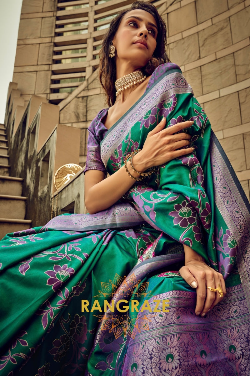 Emerald Green Woven Satin Brasoo Banarasi Silk Saree