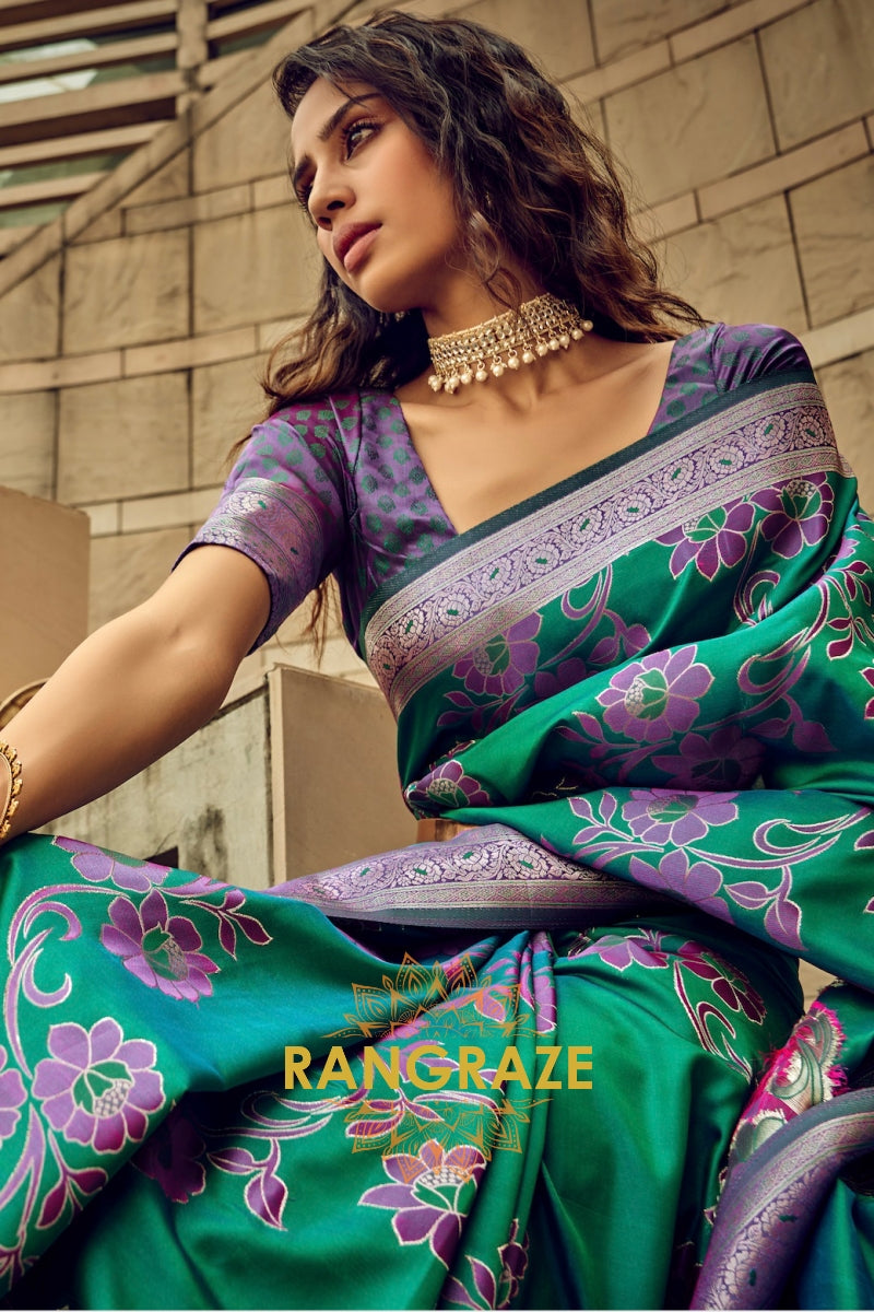 Emerald Green Woven Satin Brasoo Banarasi Silk Saree