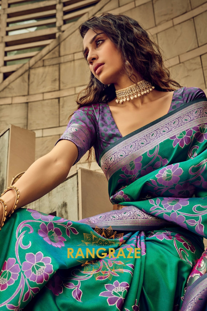 Emerald Green Woven Satin Brasoo Banarasi Silk Saree