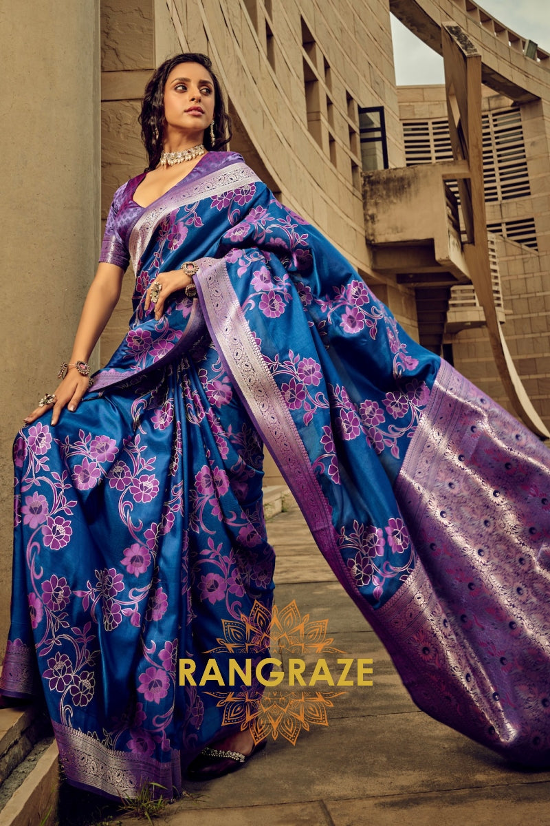 Sapphire Blue Woven Satin Brasoo Banarasi Silk Saree