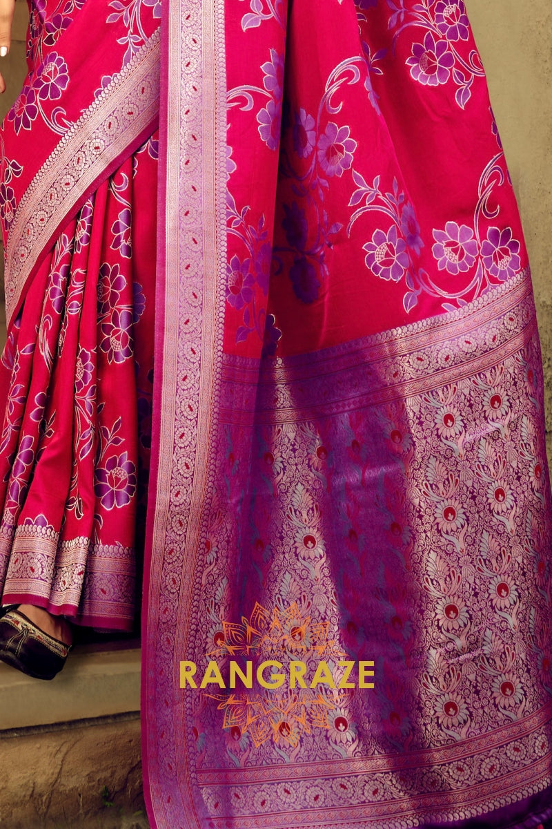 Rose Pink Woven Satin Brasoo Banarasi Silk Saree