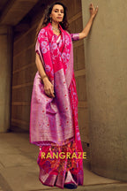 Rose Pink Woven Satin Brasoo Banarasi Silk Saree