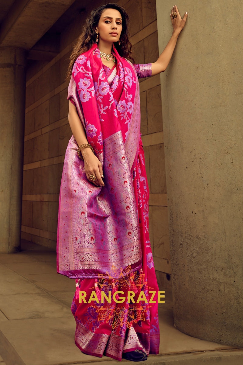 Rose Pink Woven Satin Brasoo Banarasi Silk Saree