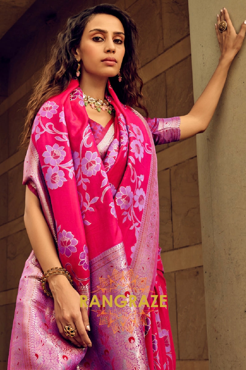 Rose Pink Woven Satin Brasoo Banarasi Silk Saree