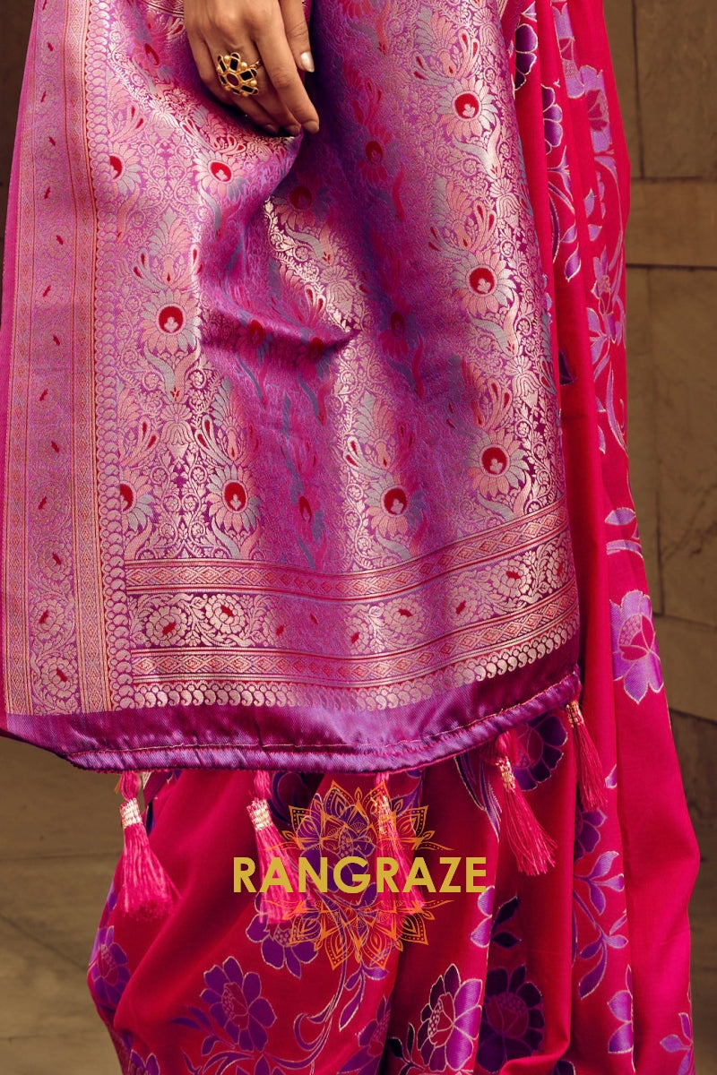 Rose Pink Woven Satin Brasoo Banarasi Silk Saree
