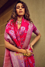 Rose Pink Woven Satin Brasoo Banarasi Silk Saree