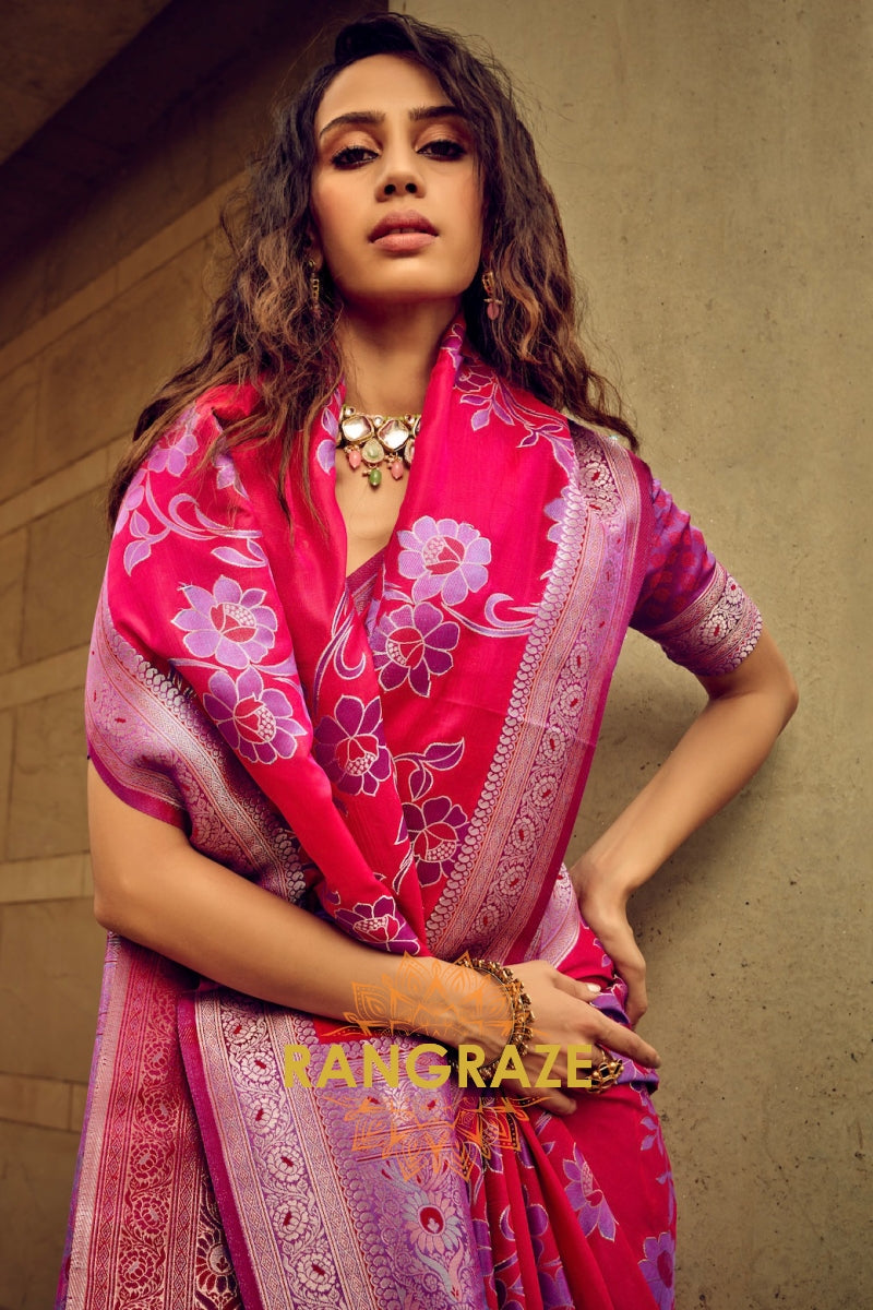 Rose Pink Woven Satin Brasoo Banarasi Silk Saree