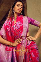 Rose Pink Woven Satin Brasoo Banarasi Silk Saree