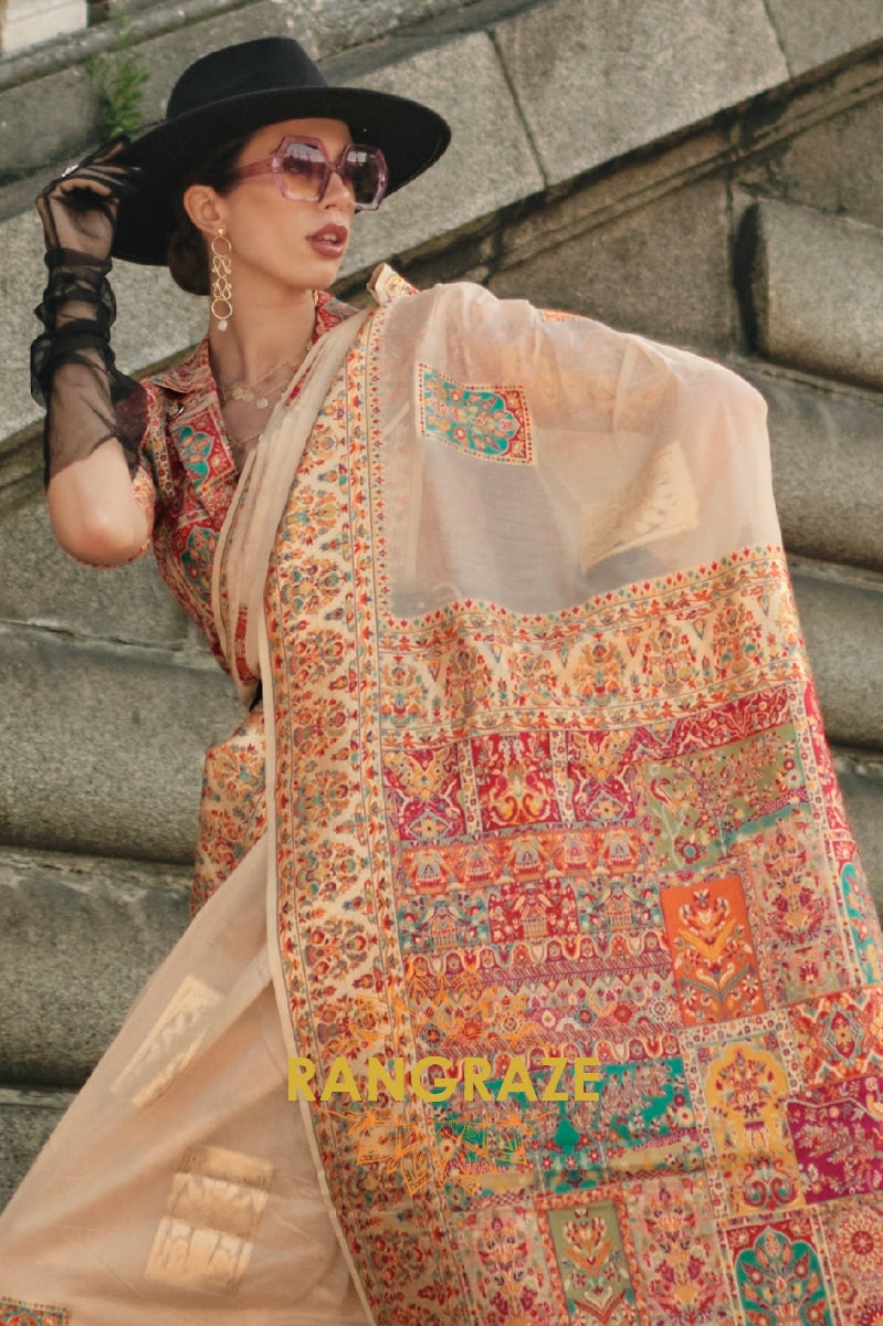 Sea Green Kashmiri Modal Handloom Weaving Jamewar Saree