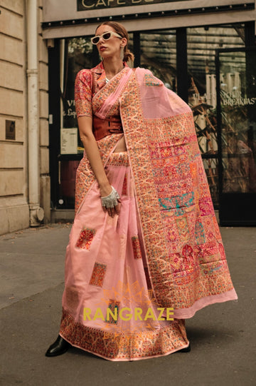 Magical Peach Pink Kashmiri Modal Handloom Weaving Jamewar Saree