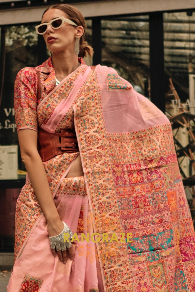 Magical Peach Pink Kashmiri Modal Handloom Weaving Jamewar Saree