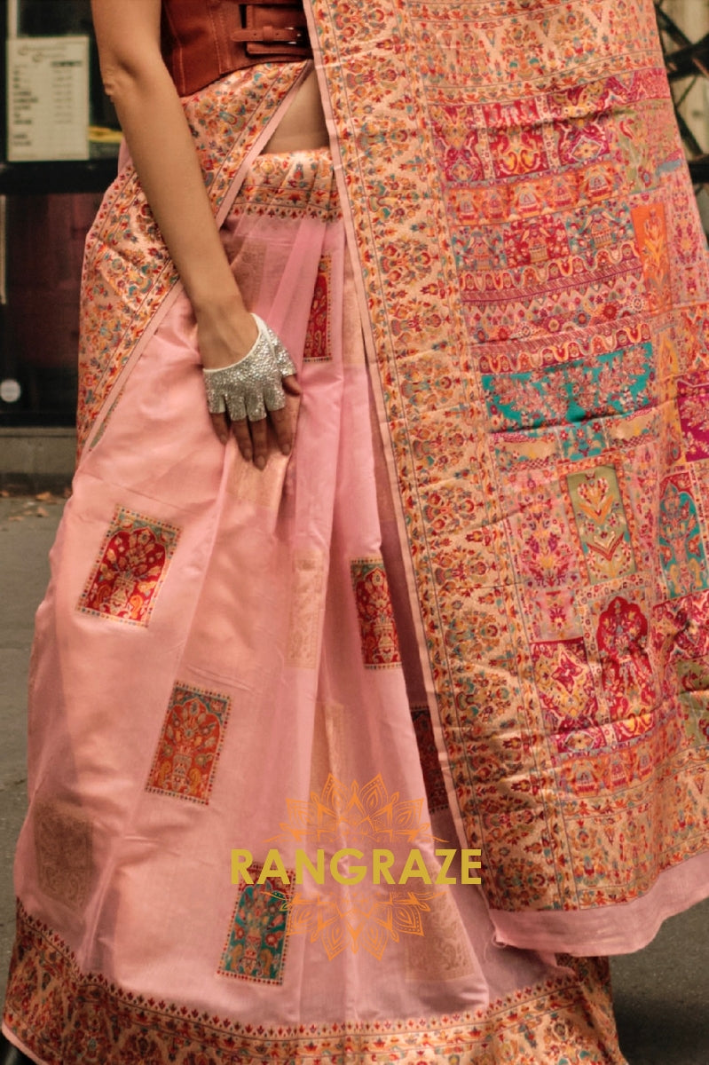 Magical Peach Pink Kashmiri Modal Handloom Weaving Jamewar Saree