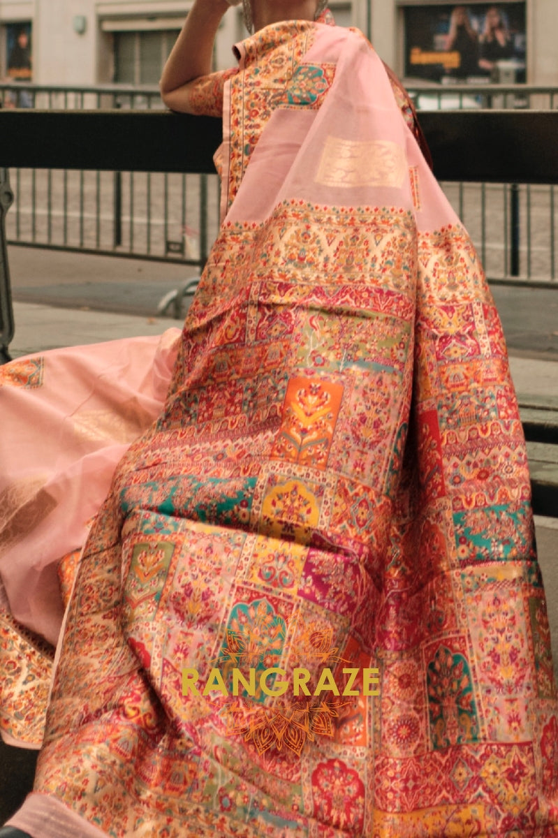Magical Peach Pink Kashmiri Modal Handloom Weaving Jamewar Saree