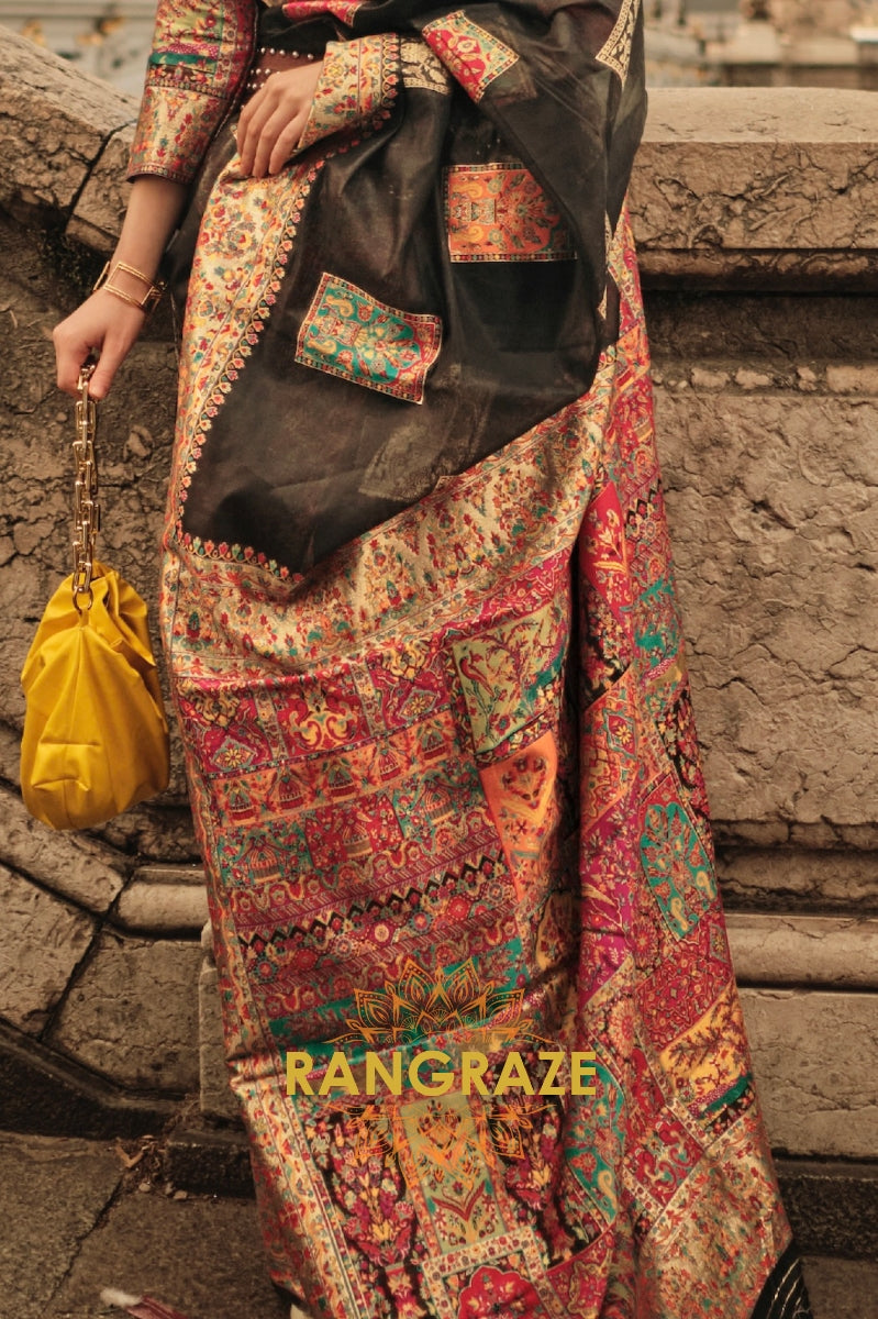 Onyx Black Kashmiri Modal Handloom Weaving Jamewar Saree