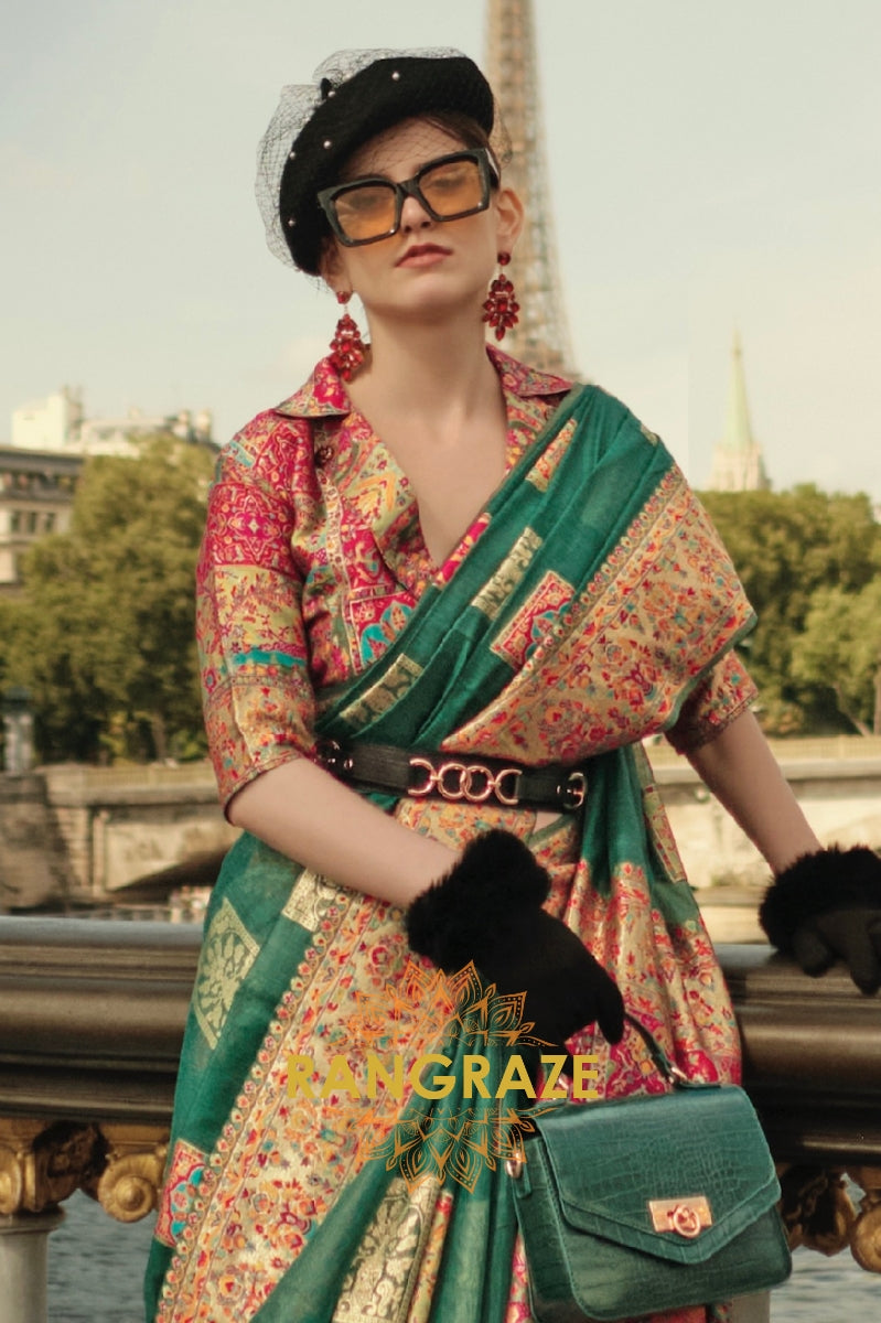 British Green Kashmiri Modal Handloom Weaving Jamewar Saree