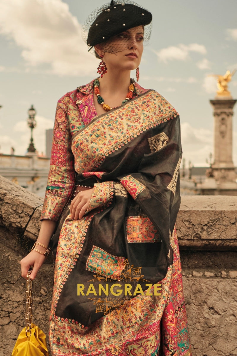 Onyx Black Kashmiri Modal Handloom Weaving Jamewar Saree