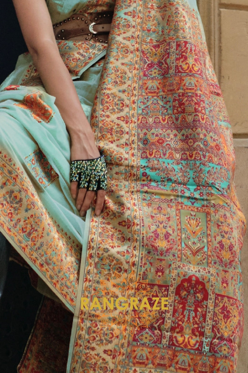 Turquoise Blue Kashmiri Modal Handloom Weaving Jamewar Saree