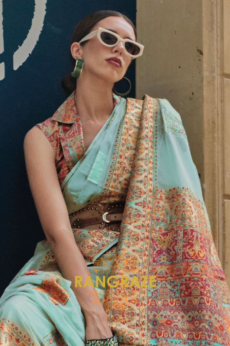 Turquoise Blue Kashmiri Modal Handloom Weaving Jamewar Saree