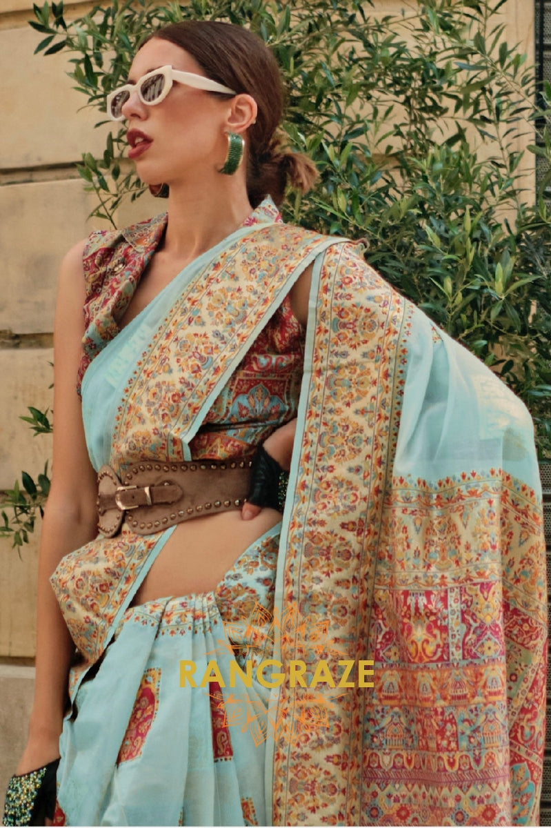Turquoise Blue Kashmiri Modal Handloom Weaving Jamewar Saree
