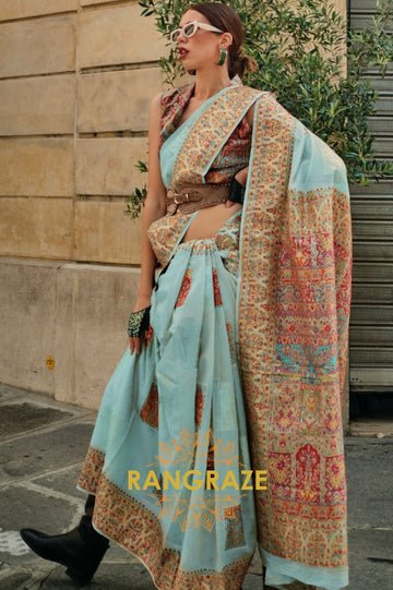 Turquoise Blue Kashmiri Modal Handloom Weaving Jamewar Saree