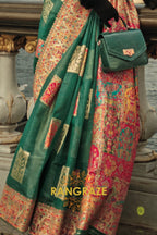British Green Kashmiri Modal Handloom Weaving Jamewar Saree
