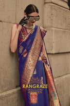 Navy Blue Kashmiri Modal Handloom Weaving Jamewar Saree