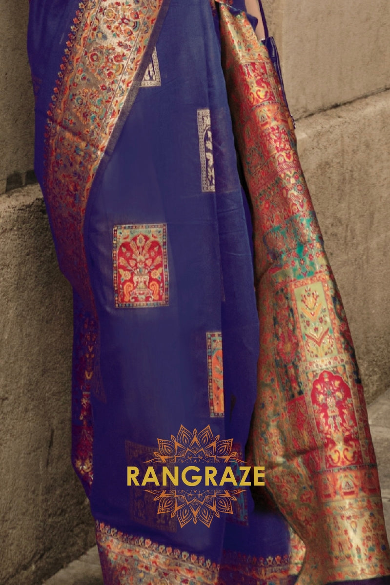 Navy Blue Kashmiri Modal Handloom Weaving Jamewar Saree