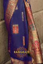 Navy Blue Kashmiri Modal Handloom Weaving Jamewar Saree