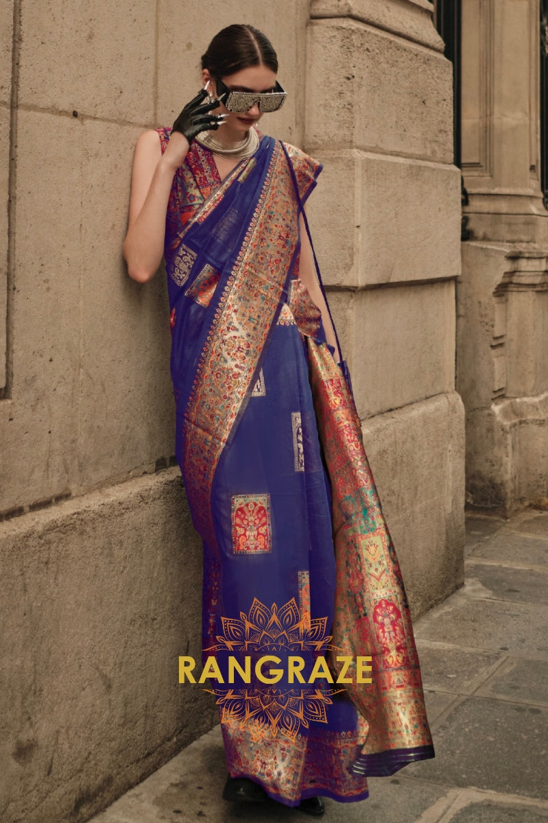 Navy Blue Kashmiri Modal Handloom Weaving Jamewar Saree