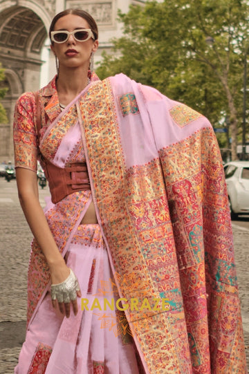 Magical Pink Kashmiri Modal Handloom Weaving Jamewar Saree