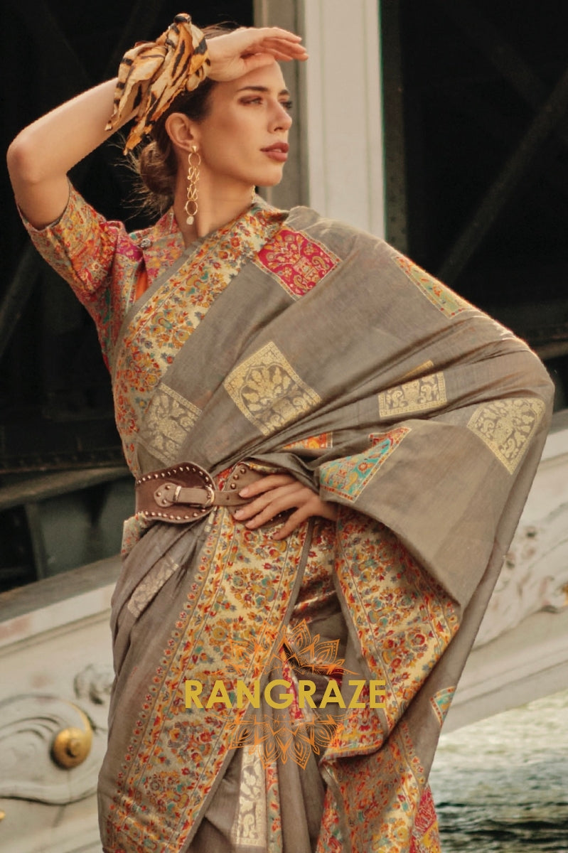 Magical Grey Kashmiri Modal Handloom Weaving Jamewar Saree