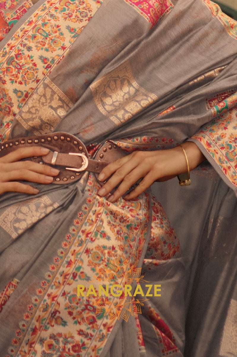Magical Grey Kashmiri Modal Handloom Weaving Jamewar Saree