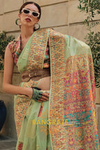 Golden Beige Kashmiri Modal Handloom Weaving Jamewar Saree