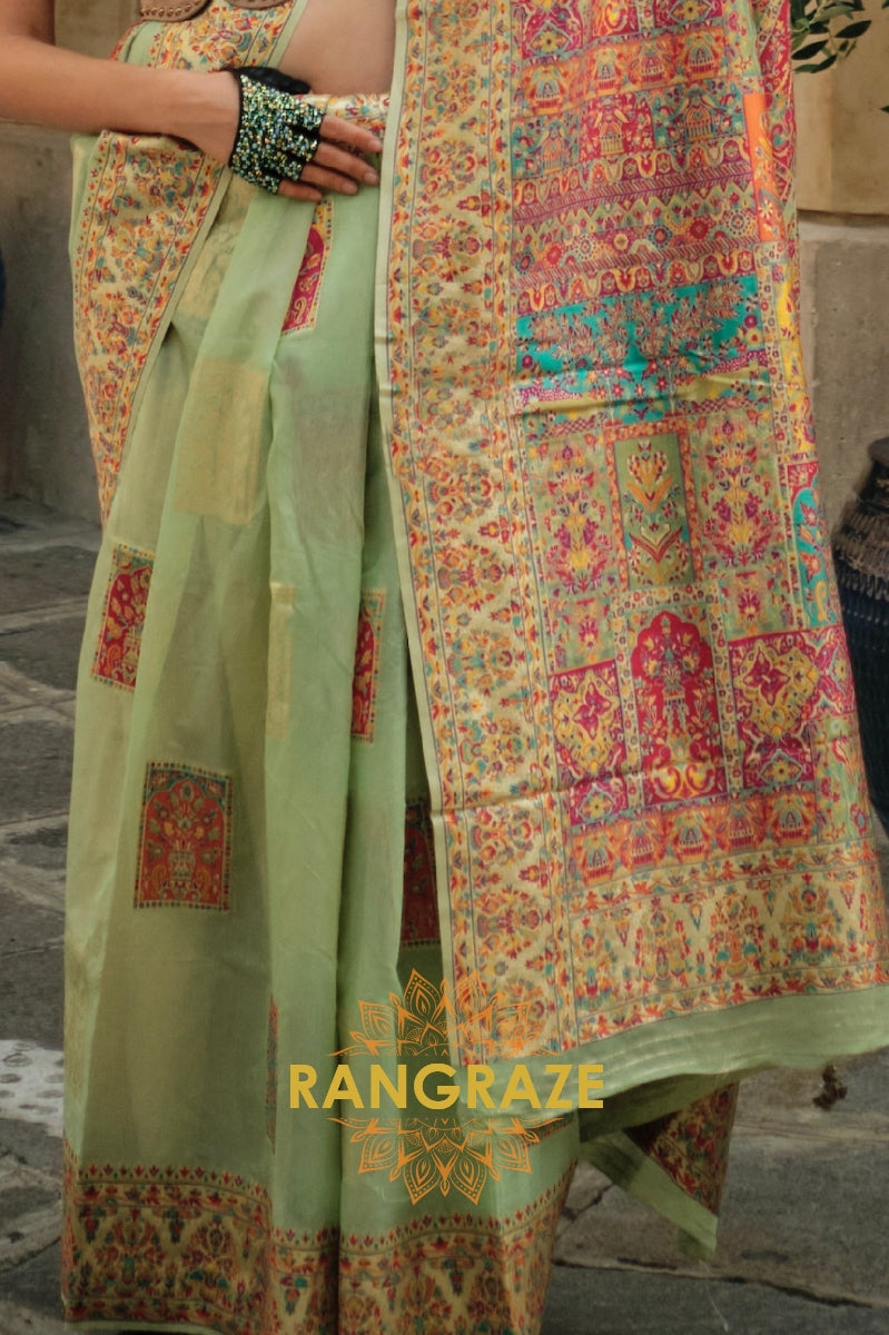 Golden Beige Kashmiri Modal Handloom Weaving Jamewar Saree