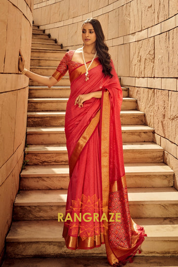 Raspberry Red Banarasi Patola Woven Silk Saree