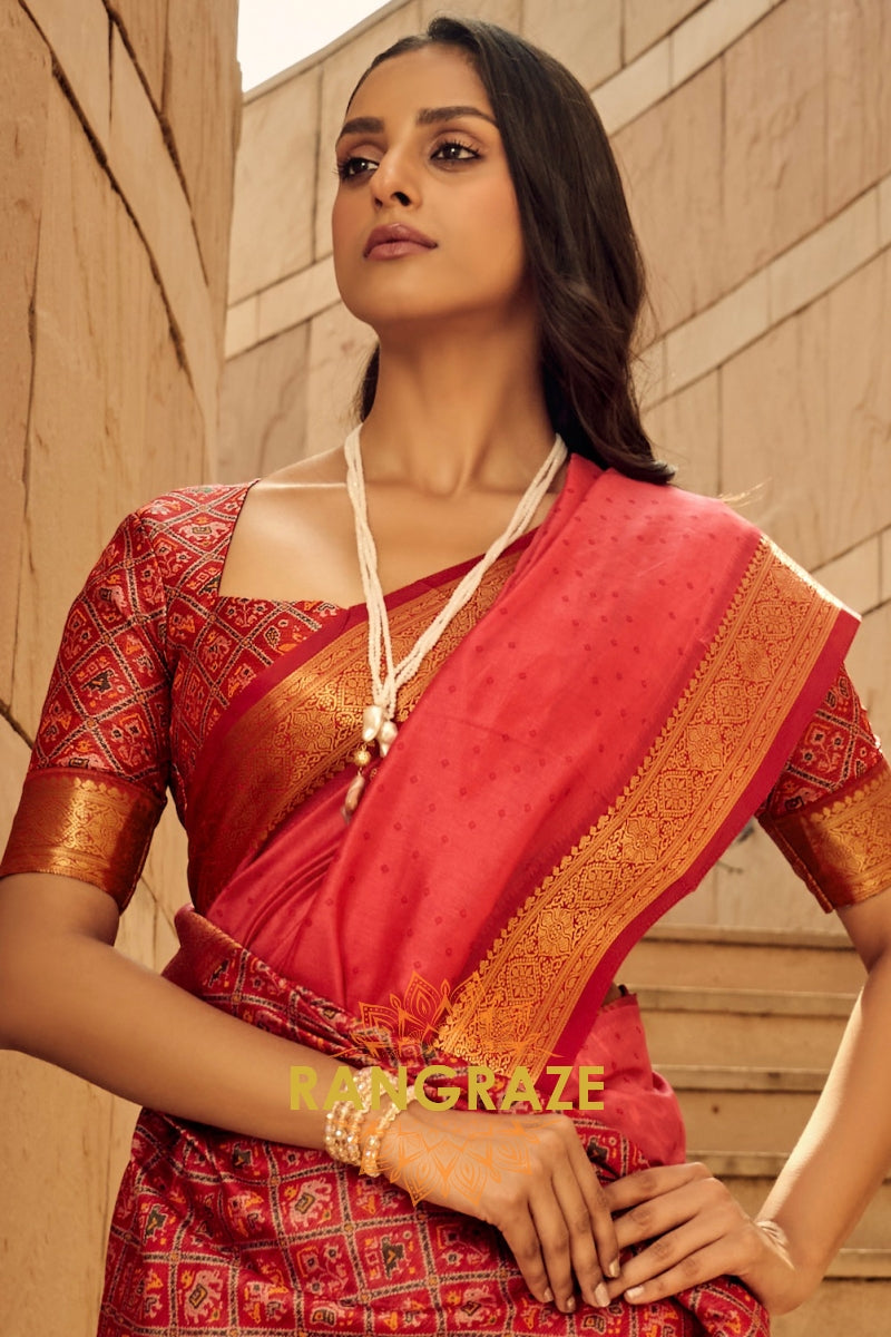 Raspberry Red Banarasi Patola Woven Silk Saree