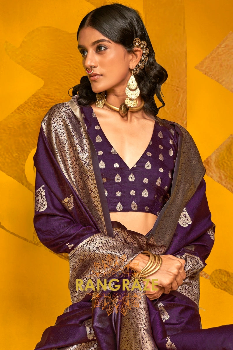 Royal Purple Banarasi Handloom Silk Saree with Intricate Zari Weaving