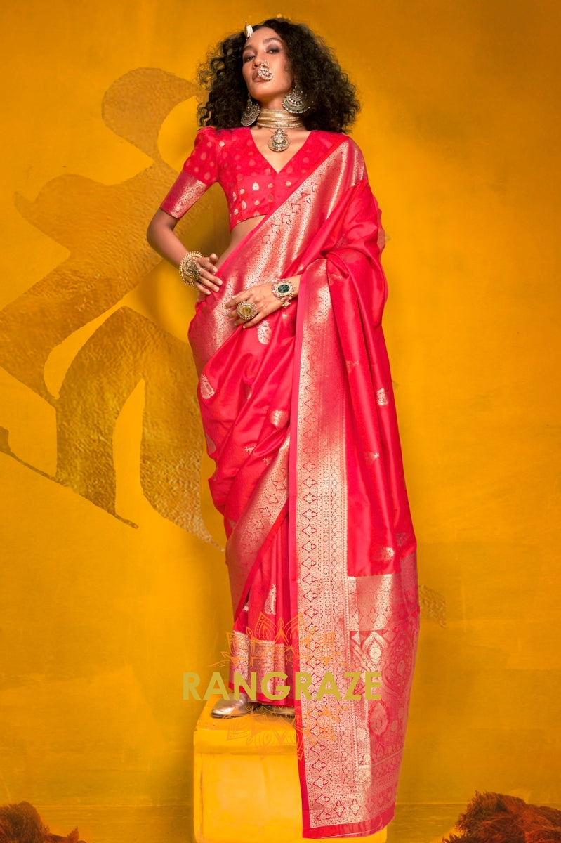 Royal Red Banarasi Two-Tone Handloom Silk Saree with Intricate Zari Weaving