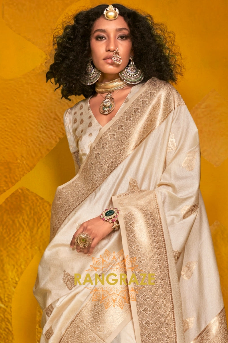 Ivory Gold Banarasi Handloom Weaving Silk Saree with Zari Detailing