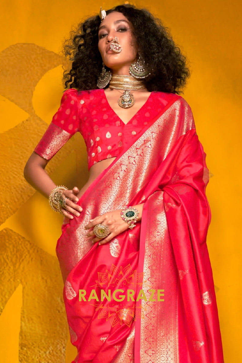 Royal Red Banarasi Two-Tone Handloom Silk Saree with Intricate Zari Weaving